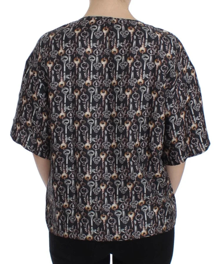 Dolce &amp; Gabbana Gray Gold Key Print Silk Blouse T-shirt