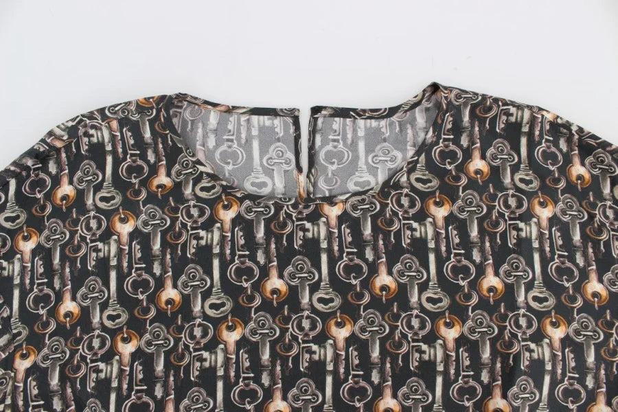 Dolce &amp; Gabbana Gray Gold Key Print Silk Blouse T-shirt