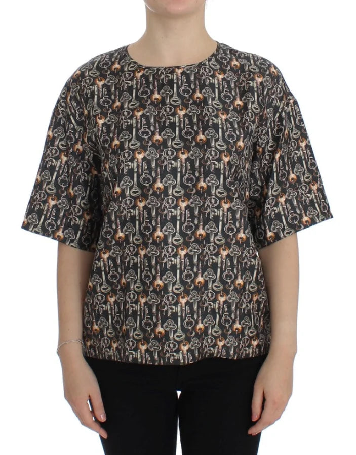 Dolce &amp; Gabbana Gray Gold Key Print Silk Blouse T-shirt