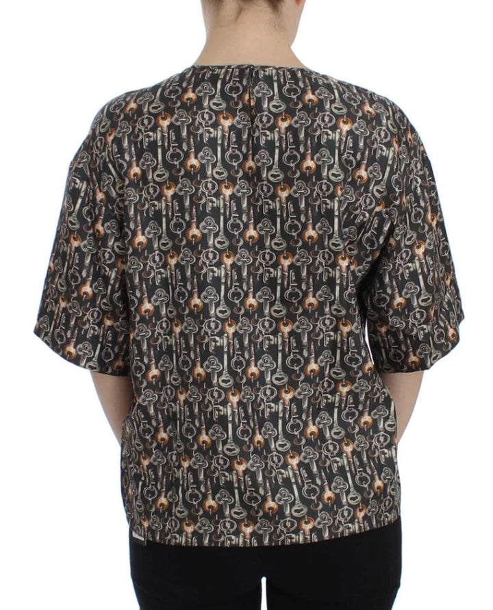 Dolce &amp; Gabbana Gray Gold Key Print Silk Blouse T-shirt