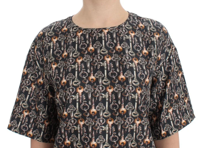 Dolce &amp; Gabbana Gray Gold Key Print Silk Blouse T-shirt
