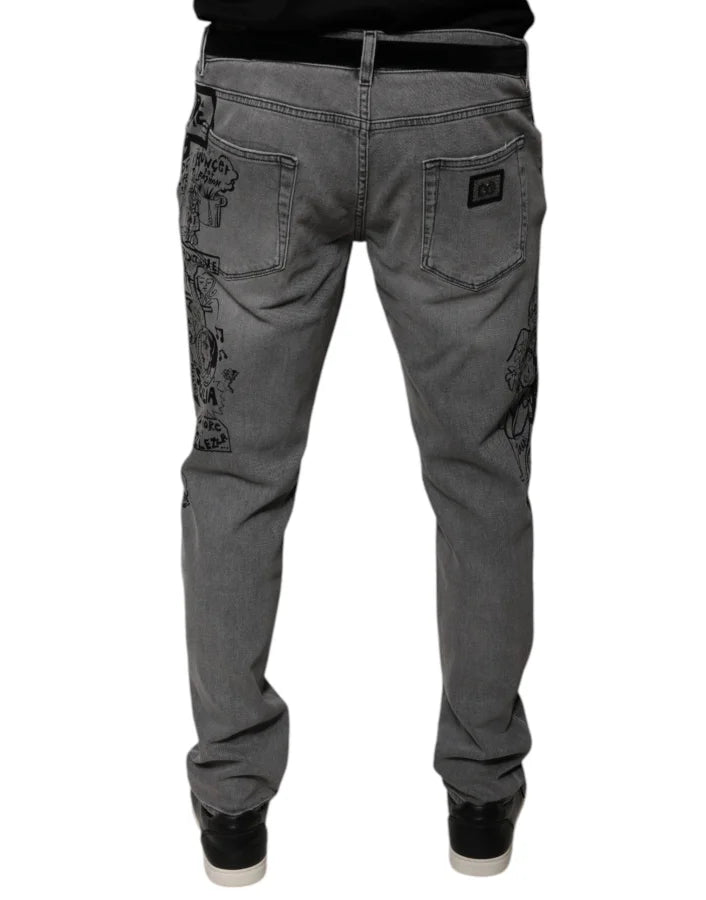 Dolce &amp; Gabbana Gray Graphic Print Cotton Skinny Denim Jeans