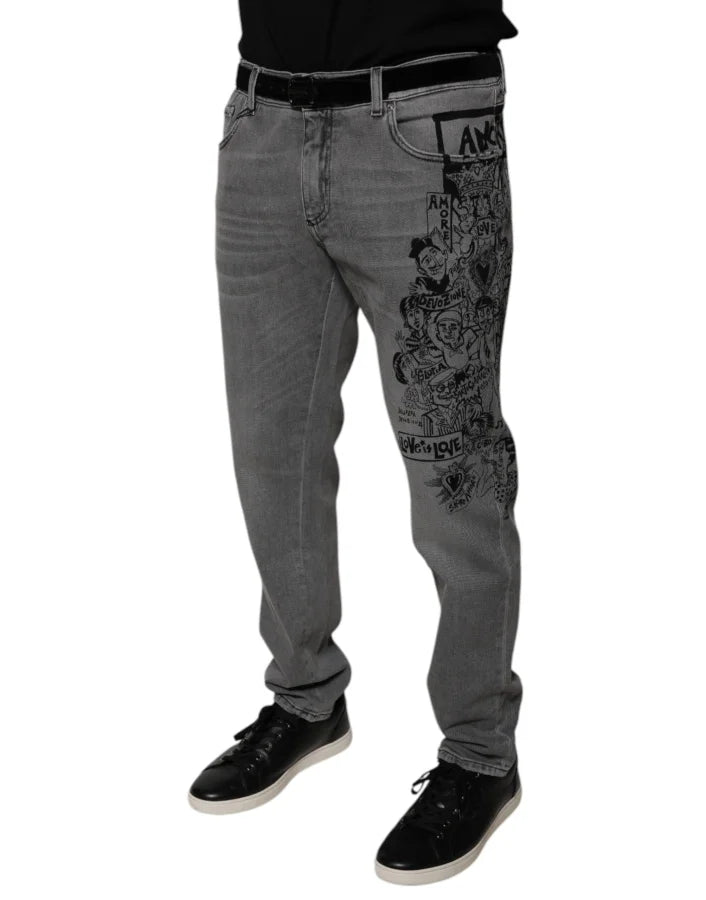 Dolce &amp; Gabbana Gray Graphic Print Cotton Skinny Denim Jeans