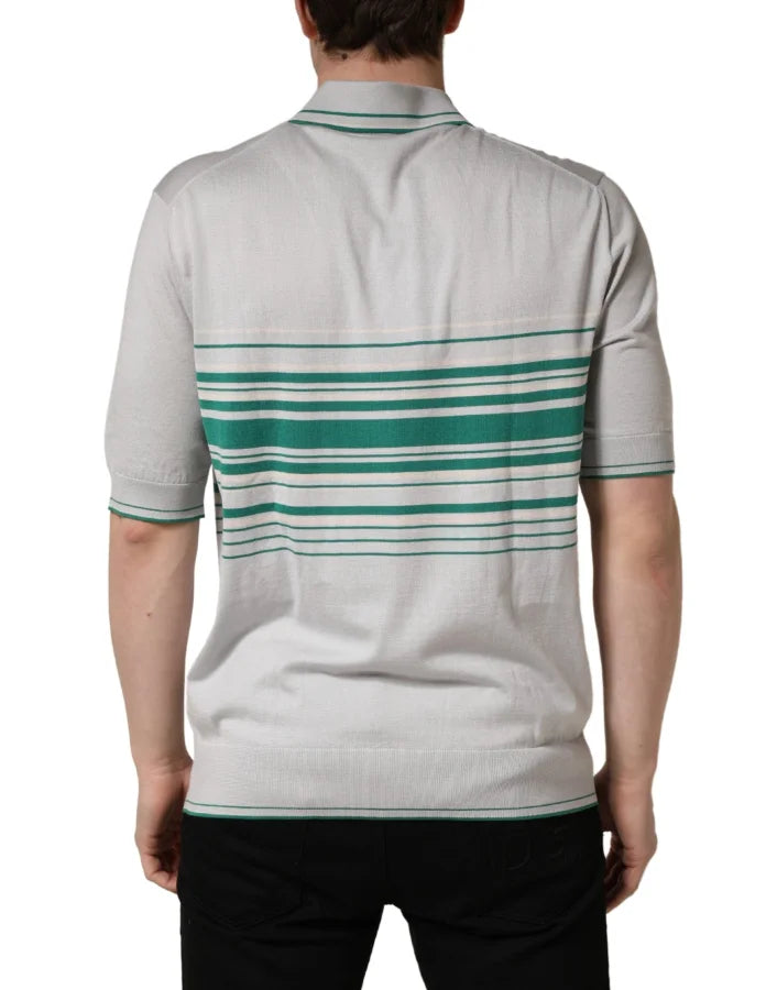 Dolce &amp; Gabbana Gray Green Striped Logo Silk Polo T-shirt