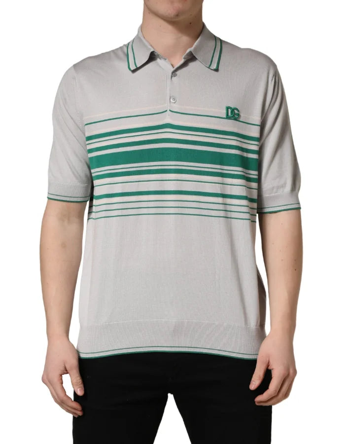 Dolce &amp; Gabbana Gray Green Striped Logo Silk Polo T-shirt