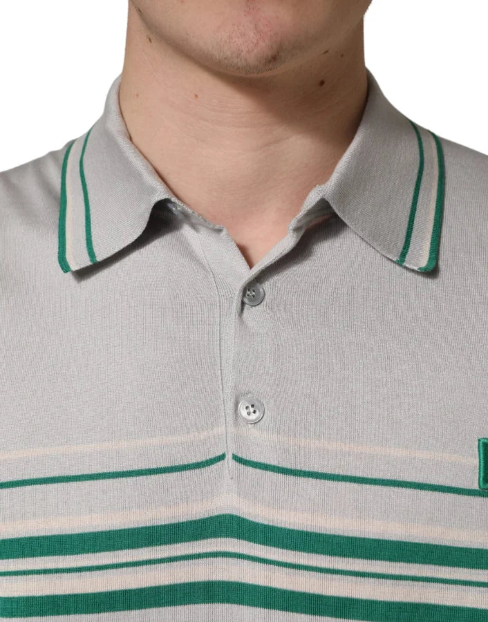 Dolce &amp; Gabbana Gray Green Striped Logo Silk Polo T-shirt
