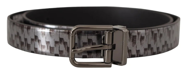 Dolce &amp; Gabbana Gray Herringbone Leather 3D Metal Buckle Belt