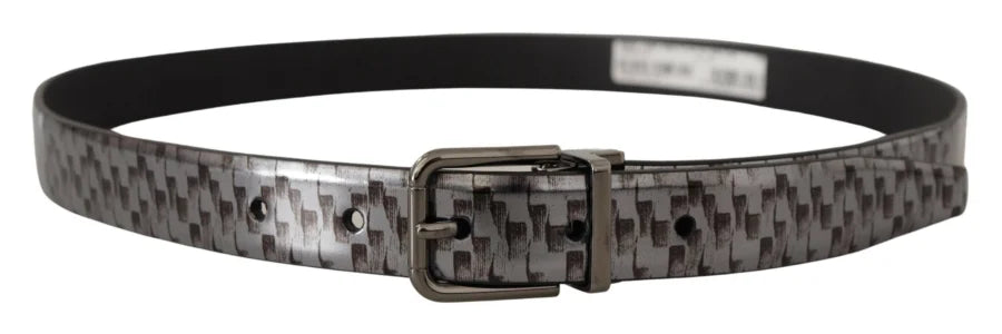 Dolce &amp; Gabbana Gray Herringbone Leather 3D Metal Buckle Belt
