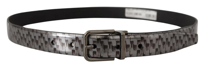 Dolce &amp; Gabbana Gray Herringbone Leather 3D Metal Buckle Belt