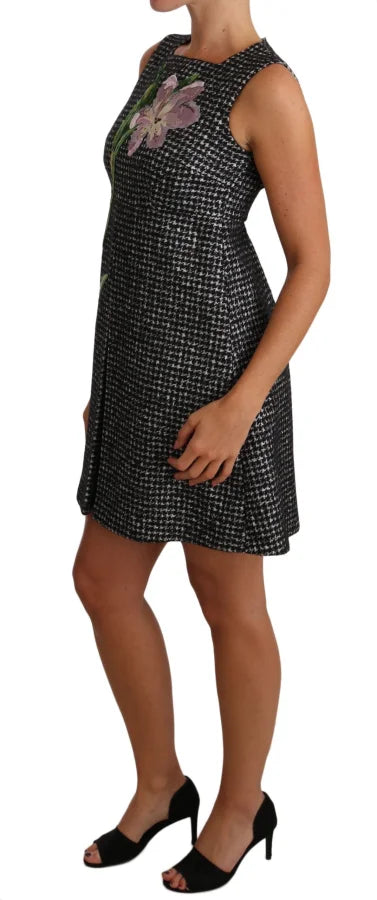 Dolce &amp; Gabbana Gray Houndstooth Floral Appliqué Shift Mini Dress