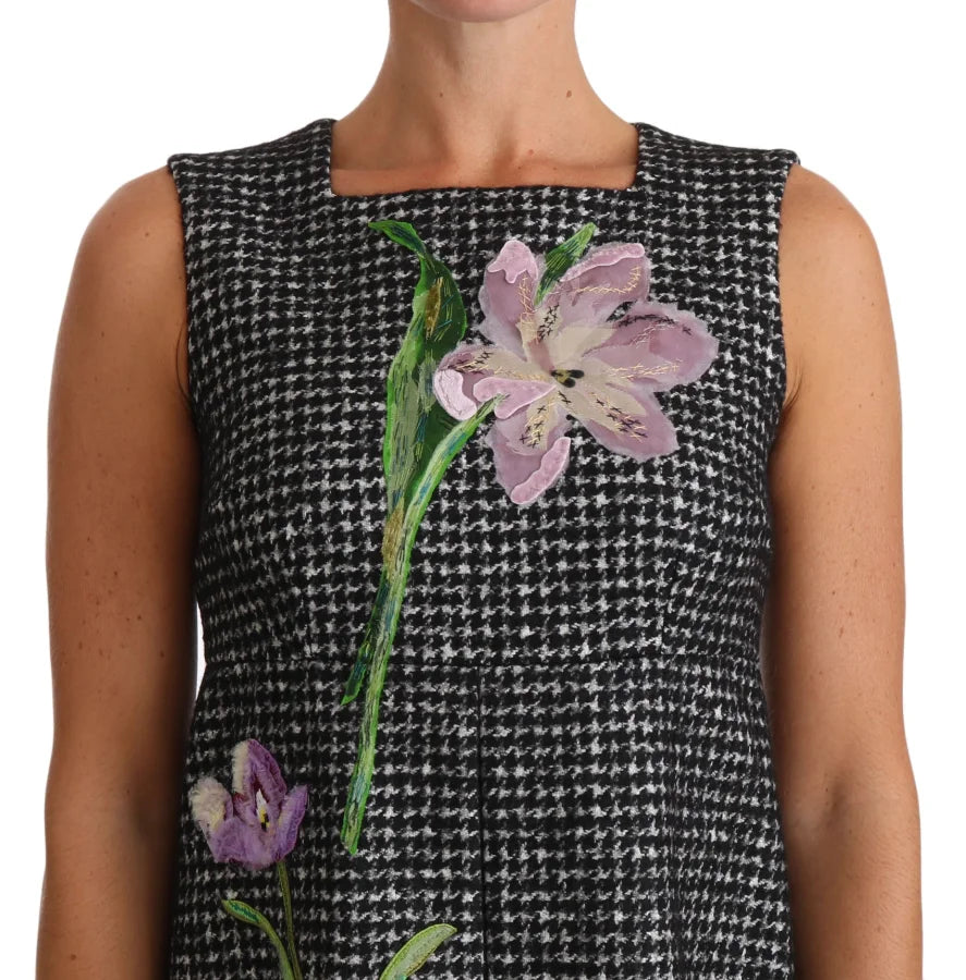 Dolce &amp; Gabbana Gray Houndstooth Floral Appliqué Shift Mini Dress