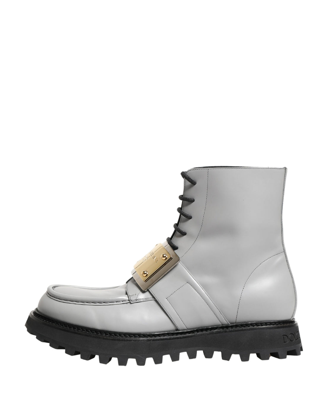 Dolce &amp; Gabbana Gray Leather Logo Plaque Ankle Boots Shoes