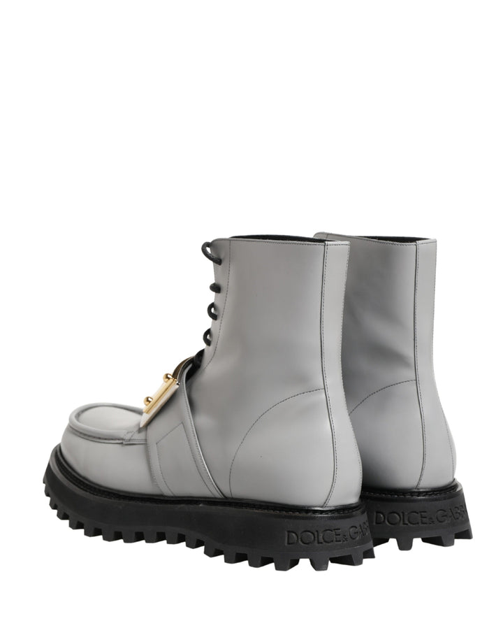 Dolce &amp; Gabbana Gray Leather Logo Plaque Ankle Boots Shoes