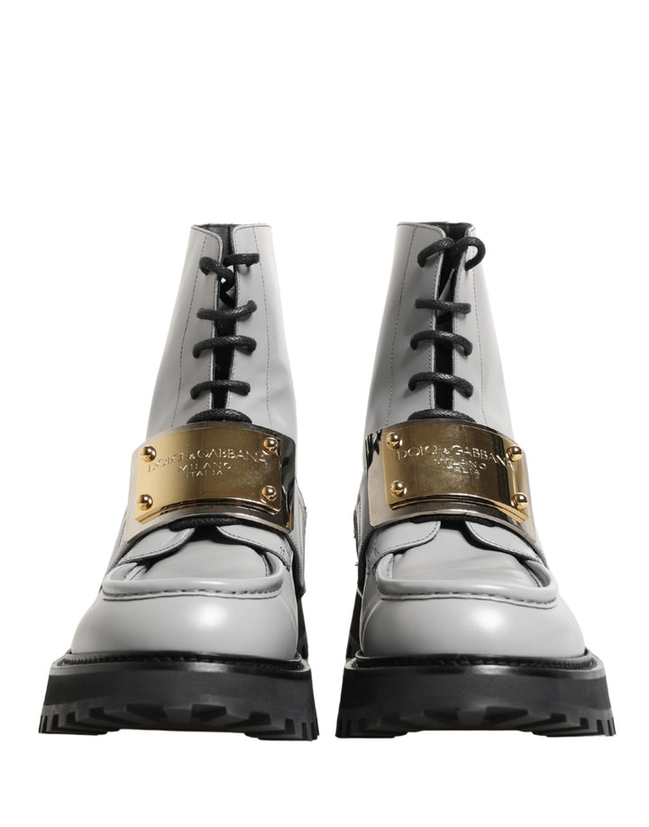 Dolce &amp; Gabbana Gray Leather Logo Plaque Ankle Boots Shoes