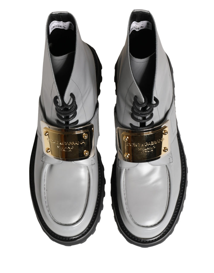Dolce &amp; Gabbana Gray Leather Logo Plaque Ankle Boots Shoes
