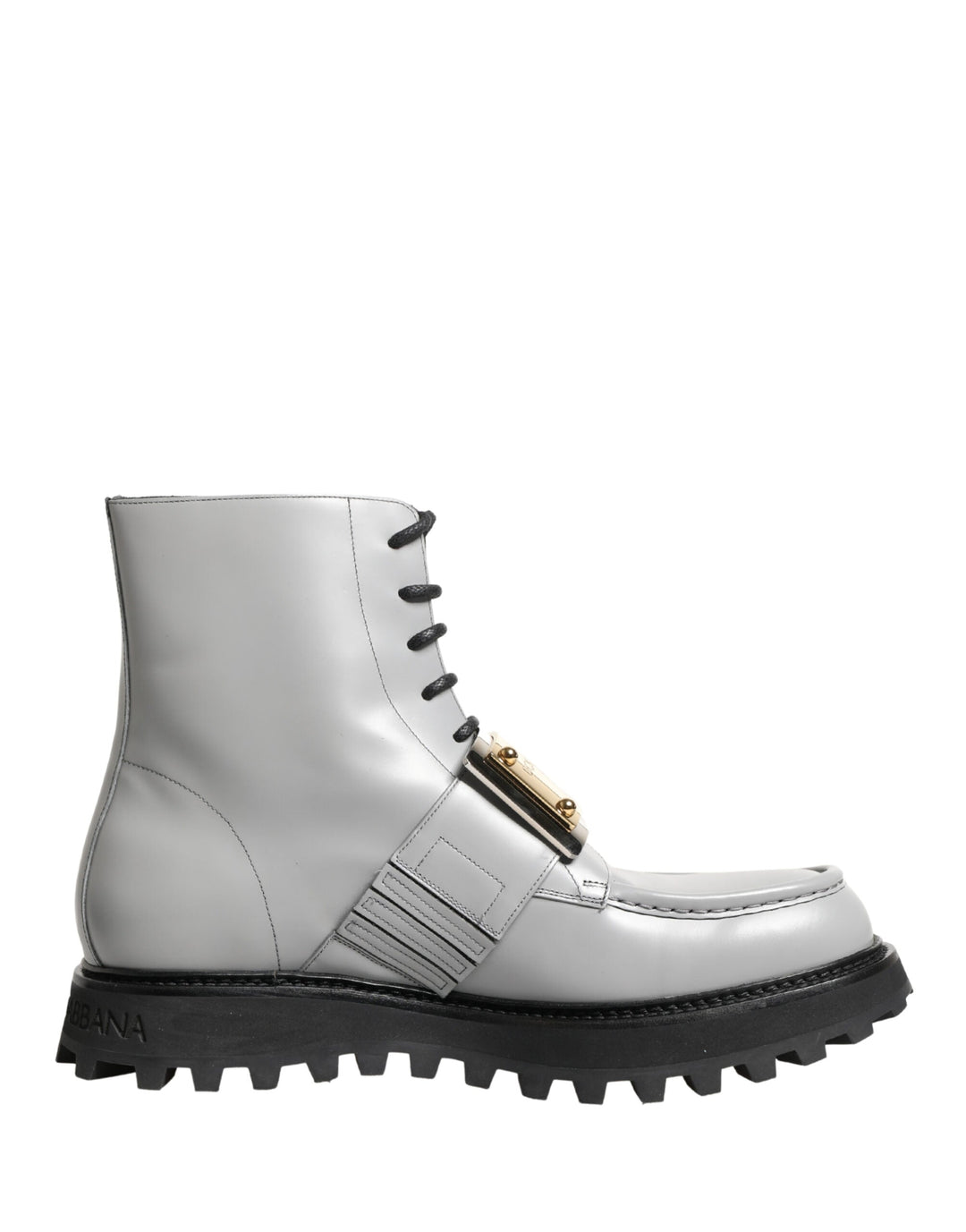 Dolce &amp; Gabbana Gray Leather Logo Plaque Ankle Boots Shoes