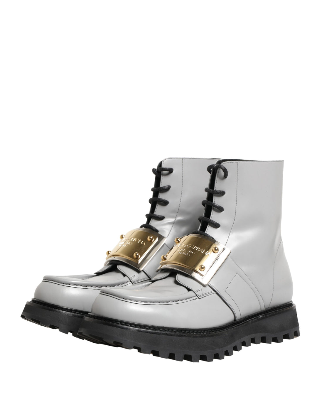 Dolce &amp; Gabbana Gray Leather Logo Plaque Ankle Boots Shoes