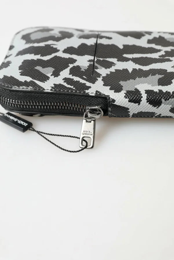 Dolce &amp; Gabbana Gray Leopard Leather Men Purse Crossbody Sling Phone Bag