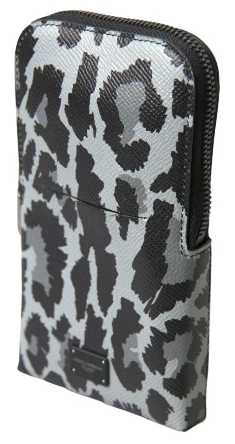 Dolce &amp; Gabbana Gray Leopard Leather Men Purse Crossbody Sling Phone Bag