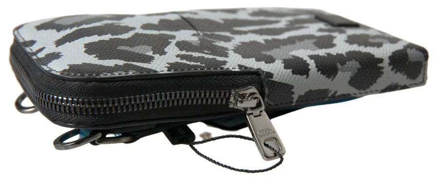 Dolce &amp; Gabbana Gray Leopard Leather Men Purse Crossbody Sling Phone Bag