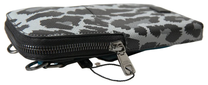 Dolce &amp; Gabbana Gray Leopard Leather Men Purse Crossbody Sling Phone Bag