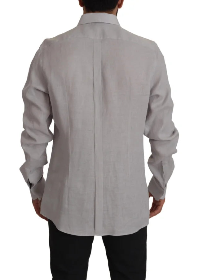 Dolce &amp; Gabbana Gray Linen Long Sleeves Formal GOLD Shirt