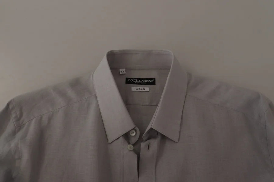 Dolce &amp; Gabbana Gray Linen Long Sleeves Formal GOLD Shirt