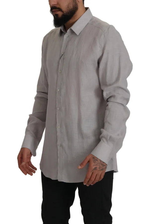 Dolce &amp; Gabbana Gray Linen Long Sleeves Formal GOLD Shirt