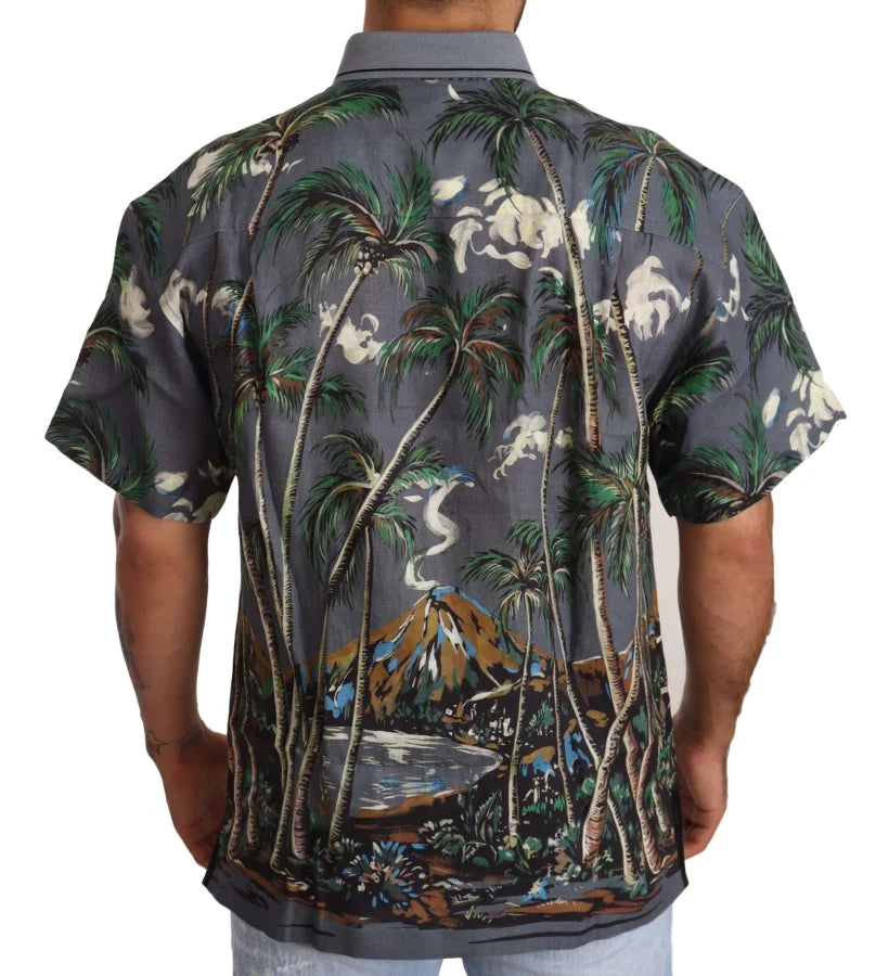 Dolce &amp; Gabbana Gray Linen Tropical Print Collared Shirt