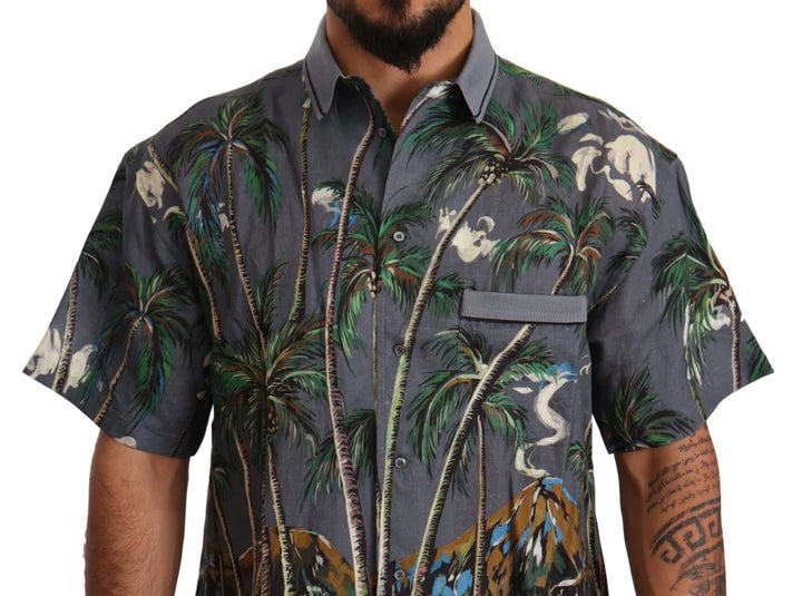 Dolce &amp; Gabbana Gray Linen Tropical Print Collared Shirt