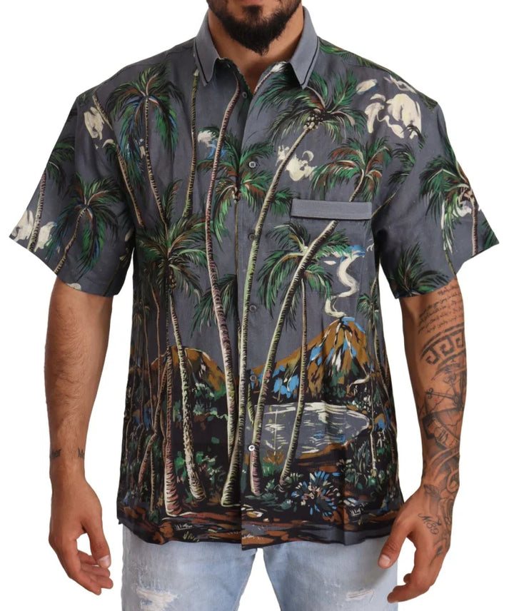 Dolce &amp; Gabbana Gray Linen Tropical Print Collared Shirt