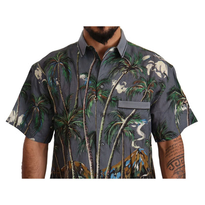Dolce and Gabbana Gray Linen Tropical Print Shirt &