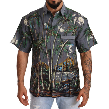 Dolce and Gabbana Gray Linen Tropical Print Shirt &