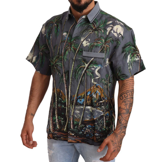 Dolce and Gabbana Gray Linen Tropical Print Shirt &