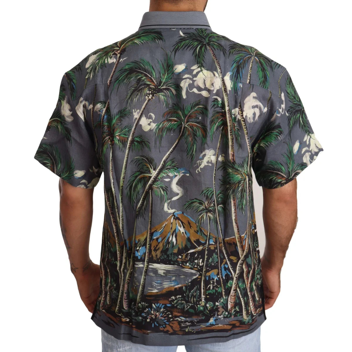 Dolce and Gabbana Gray Linen Tropical Print Shirt &
