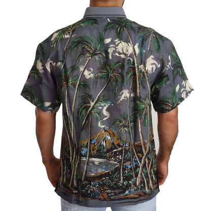 Dolce and Gabbana Gray Linen Tropical Print Shirt &