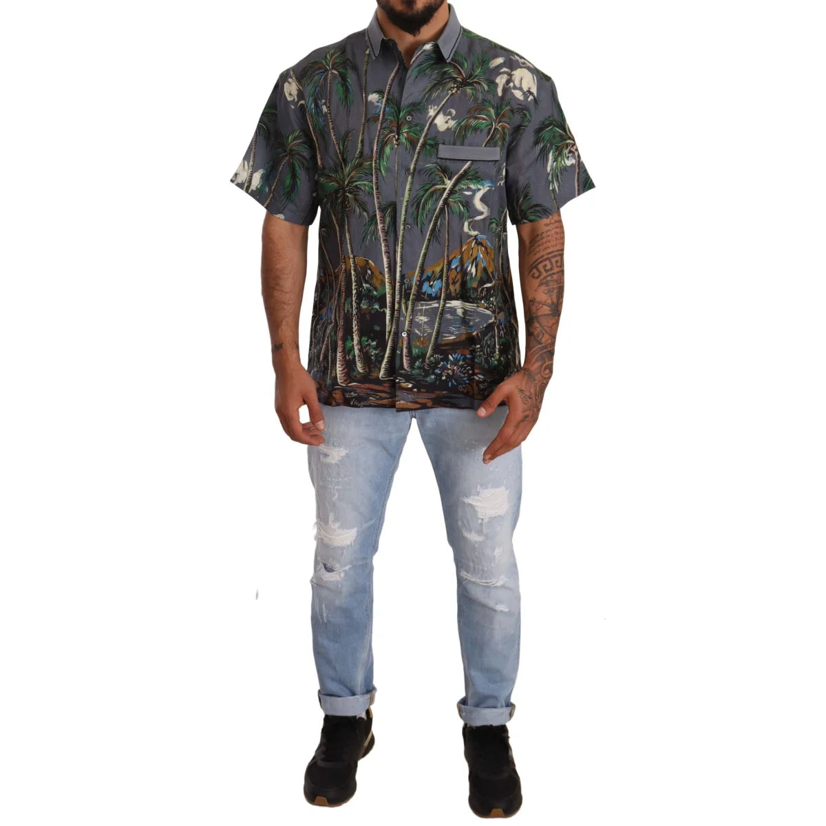 Dolce and Gabbana Gray Linen Tropical Print Shirt &