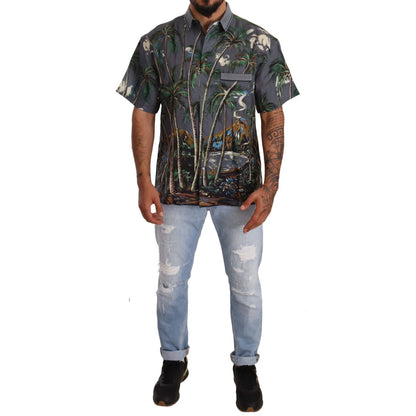 Dolce and Gabbana Gray Linen Tropical Print Shirt &