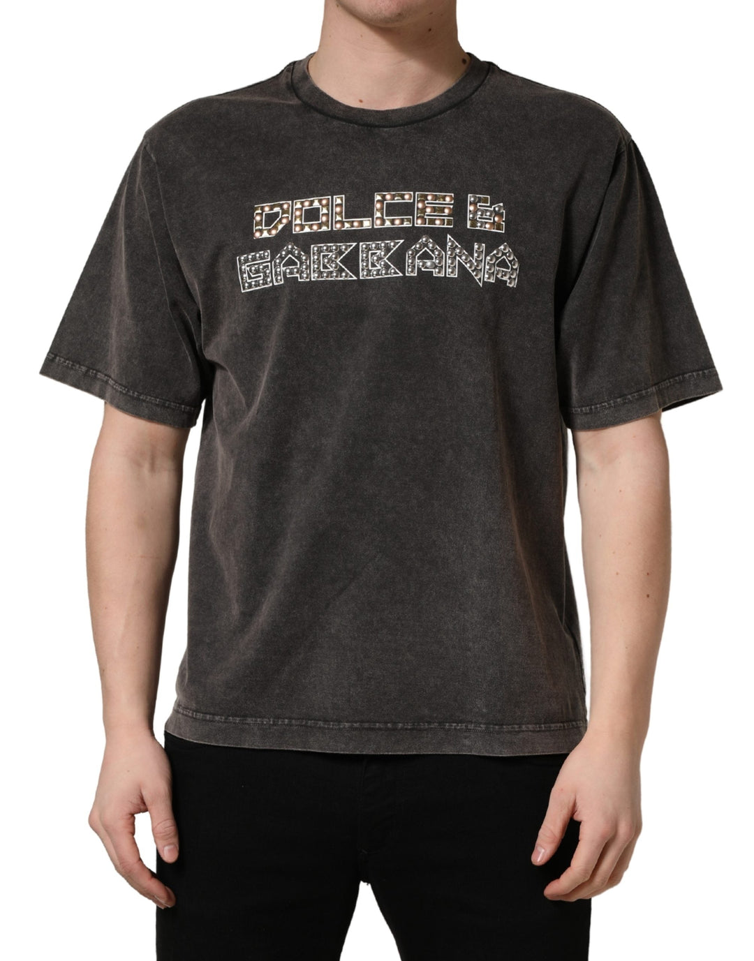 Dolce &amp; Gabbana Gray Logo Embellished Men Crew Neck T-shirt