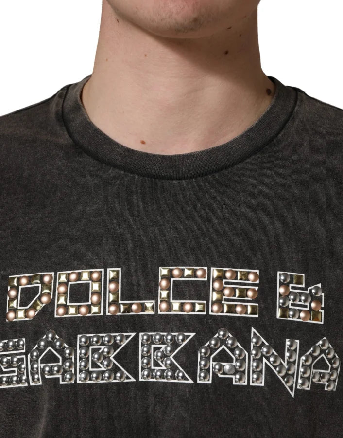 Dolce &amp; Gabbana Gray Logo Embellished Men Crew Neck T-shirt