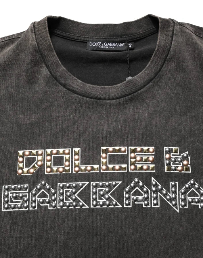 Dolce &amp; Gabbana Gray Logo Embellished Men Crew Neck T-shirt