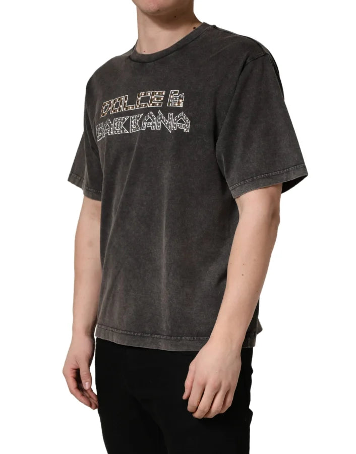 Dolce &amp; Gabbana Gray Logo Embellished Men Crew Neck T-shirt