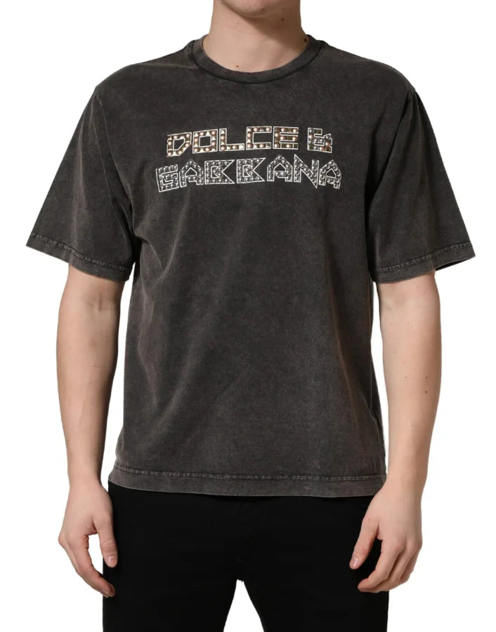 Dolce &amp; Gabbana Gray Logo Embellished Men Crew Neck T-shirt