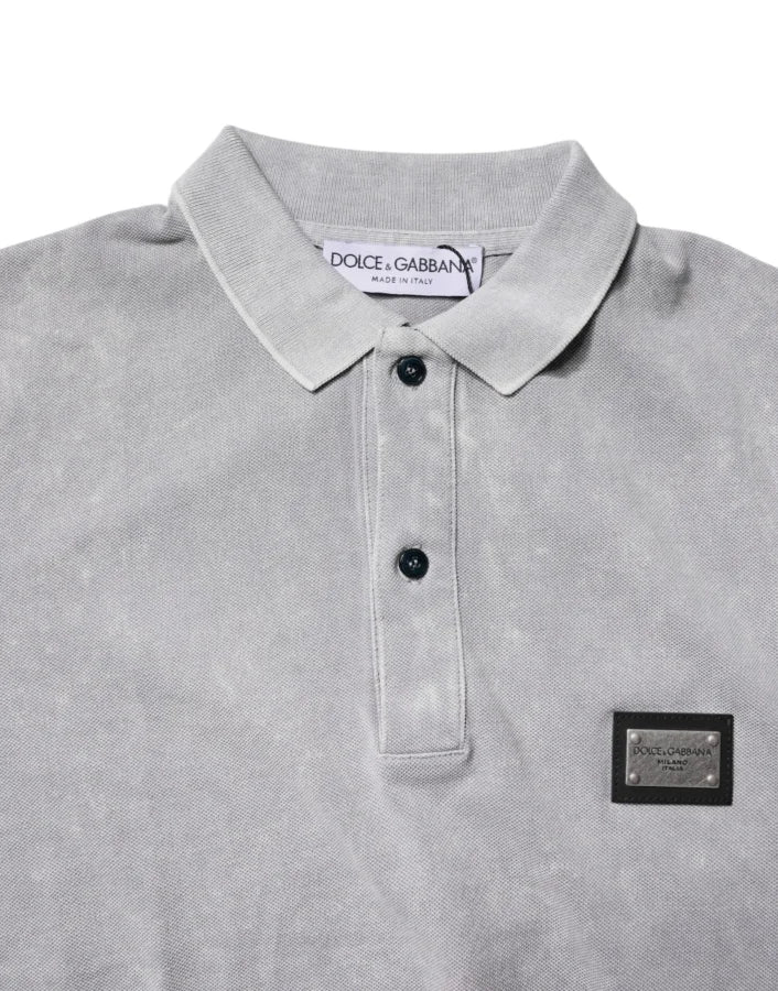 Dolce &amp; Gabbana Gray Logo Plaque Cotton Men Polo Shirt T-shirt