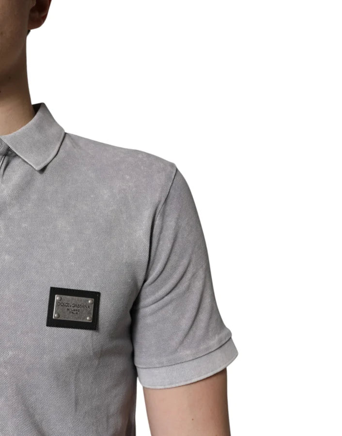 Dolce &amp; Gabbana Gray Logo Plaque Cotton Men Polo Shirt T-shirt