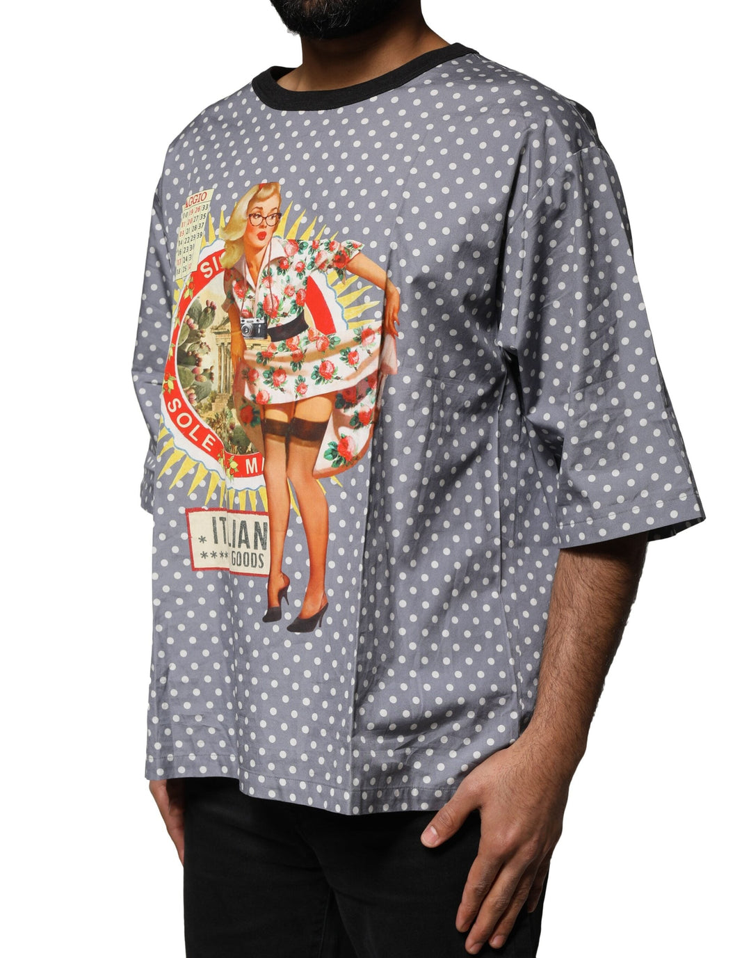 Dolce &amp; Gabbana Gray Polka Dot Pin-up Print Crew Neck T-shirt