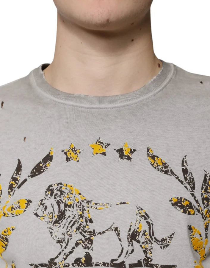 Dolce &amp; Gabbana Gray Printed Cotton Crewneck Pullover Sweater