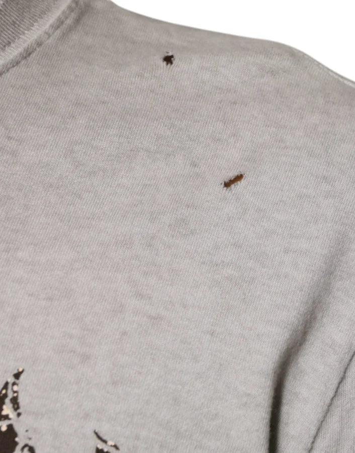 Dolce &amp; Gabbana Gray Printed Cotton Crewneck Pullover Sweater