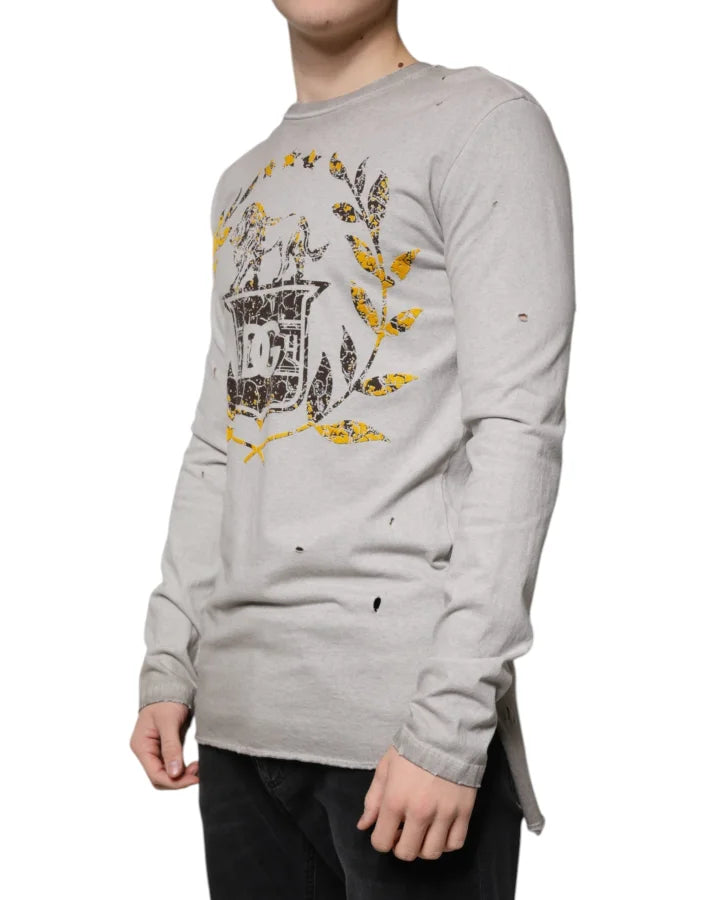 Dolce &amp; Gabbana Gray Printed Cotton Crewneck Pullover Sweater
