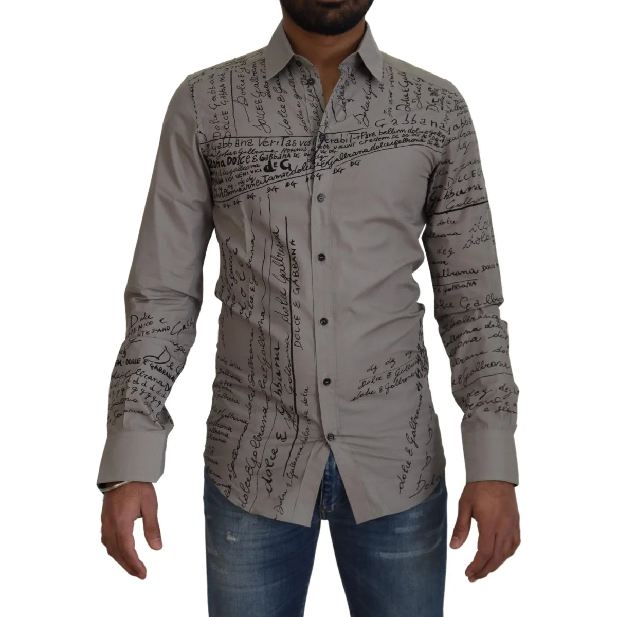Dolce and Gabbana Gray Printed Cotton Slim Dress Shirt for Men &